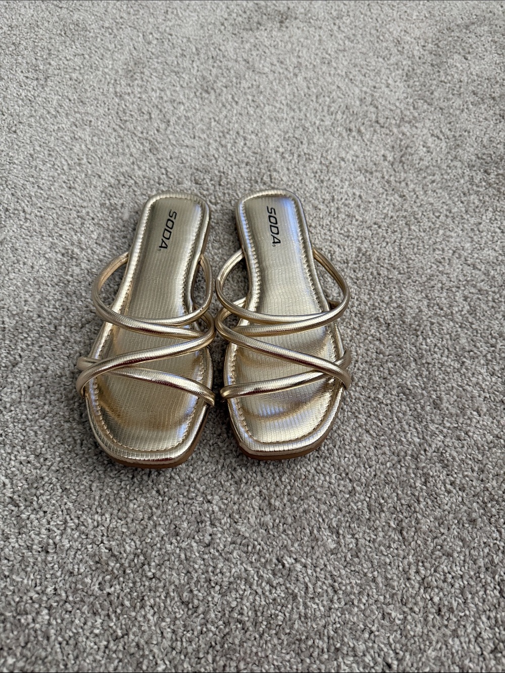 Soda Metallic Gold Strappy Square-Toe Slide Sandals